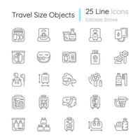 Travel size objects linear icons set. Portable stuff for flight passenger. Essential things for tourist. Customizable thin line contour symbols. Isolated vector outline illustrations. Editable stroke