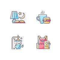 Conjunto de iconos de color rgb de rutina y horario diario. lectura nocturna. comida del almuerzo. ducha y bañera. mochila escolar. ilustraciones vectoriales aisladas. actividades diarias colección de dibujos de líneas llenas simples vector