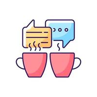 Socializing RGB color icon. Friends meeting over coffee. Talking over hot cafe drinks. Speech bubbles with two cups. Isolated vector illustration. Everyday routine simple filled line drawing