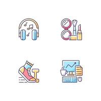 Everyday office worker routine RGB color icons set. Listening music in headphones. Makeup and cosmetic. Isolated vector illustrations. Daily schedule simple filled line drawings collection