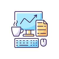 Computer office RGB color icon. Freelancer workplace. Worker desk. Daily workflow. Marketing report on screen. Remote work. Isolated vector illustration. Everyday routine simple filled line drawing