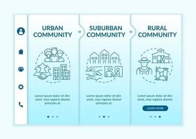 Social units types onboarding vector template. Responsive mobile website with icons. Web page walkthrough 3 step screens. Rural, peri-urban communities color concept with linear illustrations