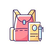 Backpack RGB color icon. Preparing for school classes. Schoolbag with notebook for student. Rucksack with college items. Isolated vector illustration. Everyday routine simple filled line drawing