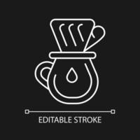 Drip coffee white linear icon for dark theme. Filter for brewing espresso. Barista accessories. Thin line customizable illustration. Isolated vector contour symbol for night mode. Editable stroke