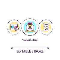 Product listings concept icon. Placing goods on online marketplace. Selling items online. Remote business abstract idea thin line illustration. Vector isolated outline color drawing. Editable stroke