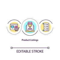 Product listings concept icon. Placing goods on online marketplace. Selling items online. Remote business abstract idea thin line illustration. Vector isolated outline color drawing. Editable stroke