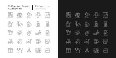 Coffee and barista accessories linear icons set for dark and light mode. Drip machine. French press. Customizable thin line symbols. Isolated vector outline illustrations. Editable stroke