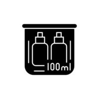 botellas de tamaño de viaje icono de glifo negro de 100 ml. amenities portátiles con productos cosméticos. cosas imprescindibles para el turista. objetos de pasajeros. símbolo de silueta en el espacio en blanco. vector ilustración aislada