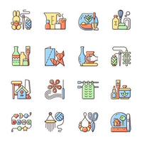 Trending hobbies RGB color icons set. Home business. Boho style. Craft activity. Creative reuse. Home decor. Isolated vector illustrations. Handcrafted pieces simple filled line drawings collection