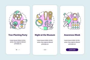 Fundraising campaign ideas onboarding mobile app page screen. Tree-planting party walkthrough 3 steps graphic instructions with concepts. UI, UX, GUI vector template with linear color illustrations