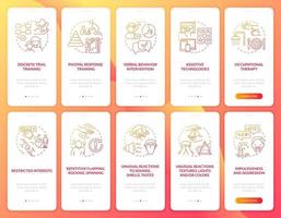 Autism behavior correction onboarding mobile app page screens set. Unusual reactions walkthrough 5 steps graphic instructions with concepts. UI, UX, GUI vector template with linear color illustrations