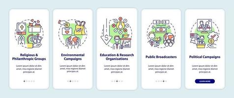 Fundraising types onboarding mobile app page screen. Philanthropic groups walkthrough 5 steps graphic instructions with concepts. UI, UX, GUI vector template with linear color illustrations