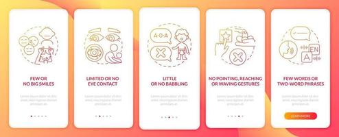 Children with autism spectrum disorder onboarding mobile app page screen. Few words walkthrough 5 steps graphic instructions with concepts. UI, UX, GUI vector template with linear color illustrations