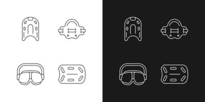 Swimming pool supplies linear icons set for dark and light mode. Kickboard. Aqua jogger. Swimming goggles. Customizable thin line symbols. Isolated vector outline illustrations. Editable stroke