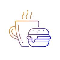 almuerzo icono de vector lineal degradado. hamburguesa y bebida en taza. taza de café con sándwich para cenar. cenar en la cafetería. símbolos de color de línea fina. pictograma de estilo moderno. dibujo de contorno aislado vectorial