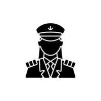 Female captain black glyph icon. Main person during cruise. Organizing vacation for passengers. Comfortable ocean traveling. Silhouette symbol on white space. Vector isolated illustration