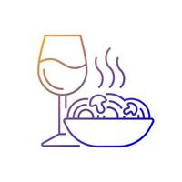 cena icono de vector lineal degradado. espaguetis y copa de vino. comida romántica. orden de restaurante. menú de cafetería. símbolos de color de línea fina. pictograma de estilo moderno. dibujo de contorno aislado vectorial