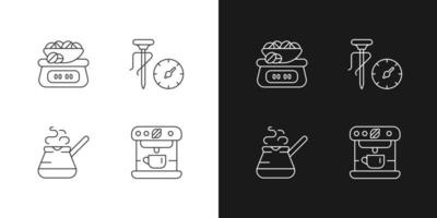 aparato para la preparación de café iconos lineales establecidos para el modo oscuro y claro. balanza para frijoles. símbolos de línea fina personalizables. ilustraciones de contorno de vector aislado. trazo editable