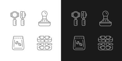 Iconos lineales de herramientas profesionales de cafetería para modo oscuro y claro. granos de café en bolsa. hacer espresso. símbolos de línea fina personalizables. ilustraciones de contorno de vector aislado. trazo editable