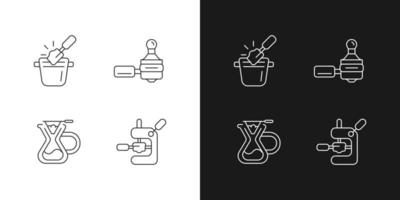 Iconos lineales de herramientas de cafetería para modo oscuro y claro. caja de golpe para residuos de tierra. hacer espresso. símbolos de línea fina personalizables. ilustraciones de contorno de vector aislado. trazo editable