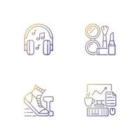 Conjunto de iconos de vector lineal degradado de rutina de trabajador de oficina diario. escuchando música en auriculares. maquillaje y cosmética. paquete de símbolos de contorno de línea delgada. colección de ilustraciones de contorno vectorial aislado