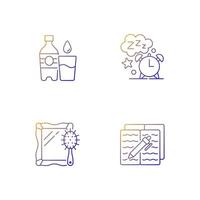 Daily schedule and routine gradient linear vector icons set. Watter bottle. Sleep time. Alarm clock. Thin line contour symbols bundle. Isolated vector outline illustrations collection