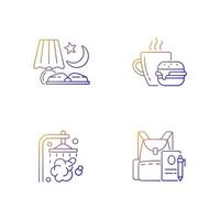 Everyday schedule and routine gradient linear vector icons set. Evening reading. Lunch meal. Daily activities. Thin line contour symbols bundle. Isolated vector outline illustrations collection