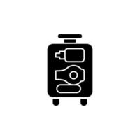 Open suitcase black glyph icon. Luggage with cosmetic and hygiene amenities for trip. Essential things for tourist. Travel size objects. Silhouette symbol on white space. Vector isolated illustration