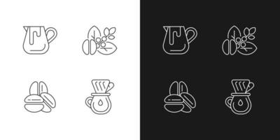 Coffee preparation linear icons set for dark and light mode. Milk pitcher for barista. Raw beans. Customizable thin line symbols. Isolated vector outline illustrations. Editable stroke