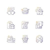 Daily routine gradient linear vector icons set. Alarm clock for work. Office worker activities. Everyday schedule. Thin line contour symbols bundle. Isolated vector outline illustrations collection