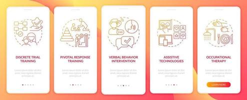 ASD therapy approaches onboarding mobile app page screen. Behavior intervention walkthrough 5 steps graphic instructions with concepts. UI, UX, GUI vector template with linear color illustrations