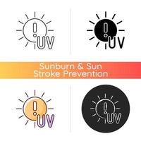 Danger of UV rays icon. Ultraviolet exposure risk during summer. Caution to prevent heat exhaustion. Sun overexposure. Linear black and RGB color styles. Isolated vector illustrations