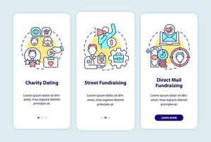 Fundraising kinds onboarding mobile app page screen. Charity dating walkthrough 3 steps graphic instructions with concepts. UI, UX, GUI vector template with linear color illustrations