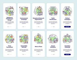 Charitable donations onboarding mobile app page screens set. Fundraising ideas walkthrough 5 steps graphic instructions with concepts. UI, UX, GUI vector template with linear color illustrations