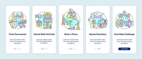 Fundraising appeal ideas onboarding mobile app page screen. Trivia tournament walkthrough 5 steps graphic instructions with concepts. UI, UX, GUI vector template with linear color illustrations