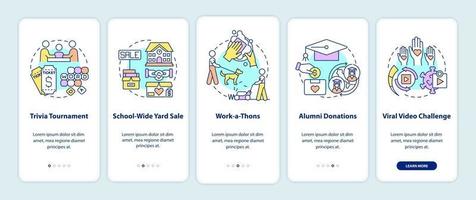 Fundraising appeal ideas onboarding mobile app page screen. Trivia tournament walkthrough 5 steps graphic instructions with concepts. UI, UX, GUI vector template with linear color illustrations