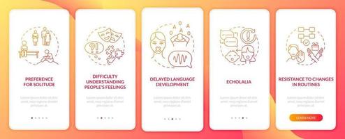 Autism spectrum disorder signs onboarding mobile app page screen. Development delay walkthrough 5 steps graphic instructions with concepts. UI, UX, GUI vector template with linear color illustrations