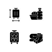 Airplane travel essential pack black glyph icons set on white space. Suitcase size. Meal during flight. Mini size objects for tourist comfort. Silhouette symbols. Vector isolated illustration