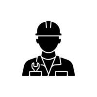 Engineer black glyph icon. Fixing ship during cruise. Keeping mechanisms in good shape. Navigation and manoeuvring system controling. Silhouette symbol on white space. Vector isolated illustration