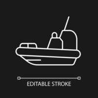 Rescue boat white linear icon for dark theme. Lifeboat for victims rescuing. Survival craft. Thin line customizable illustration. Isolated vector contour symbol for night mode. Editable stroke