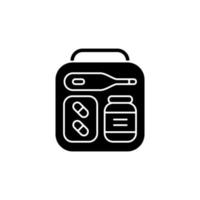 Mini first aid kit black glyph icon. Emergency bag with medication for trip. Essential things for tourist. Travel size objects. Silhouette symbol on white space. Vector isolated illustration