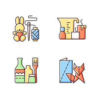 Trendy crafts RGB color icons set. Amigurumi bunny. Candle making. Repurposed wine bottles. Origami. Handmade toys. Isolated vector illustrations. Home decor simple filled line drawings collection