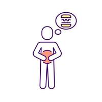 Hungry RGB color icon. Isolated vector illustration. Wanting to eat. Thinking about food. Diabetes symptomps. Person thinking of burger simple filled line drawing