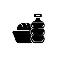 Airplane food black glyph icon. Meal during flight. Airline catering service. Essential things for tourist. Travel size objects. Silhouette symbol on white space. Vector isolated illustration