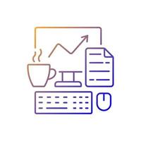 Computer office gradient linear vector icon. Freelancer workplace. Worker desk. Daily workflow. Report on screen. Thin line color symbols. Modern style pictogram. Vector isolated outline drawing