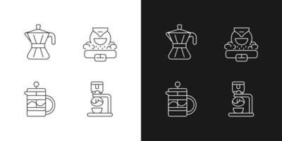 Iconos lineales de electrodomésticos para hacer café establecidos para el modo oscuro y claro. olla de moka. prensa francesa. hacer espresso. símbolos de línea fina personalizables. ilustraciones de contorno de vector aislado. trazo editable