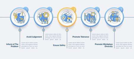 Racism in workplace vector infographic template. Promote tolerance presentation outline design elements. Data visualization with 5 steps. Process timeline info chart. Workflow layout with line icons