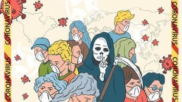 ilustración de banner para el diseño del virus corona sars-cov-2 un grupo de personas enmascaradas en el medio un esqueleto de muerte con una guadaña y moléculas de virus voladoras vector