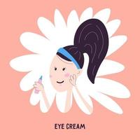 Woman applying care cream to the area around the eyes, icon isolated on the background. Vector illustration in cartoon hand draw style. Korean facial skin care.