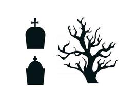 Black contour silhouettes of gravestones and gloomy tree set. Funeral monuments with crosses and tree isolated on white background. Vector illustration